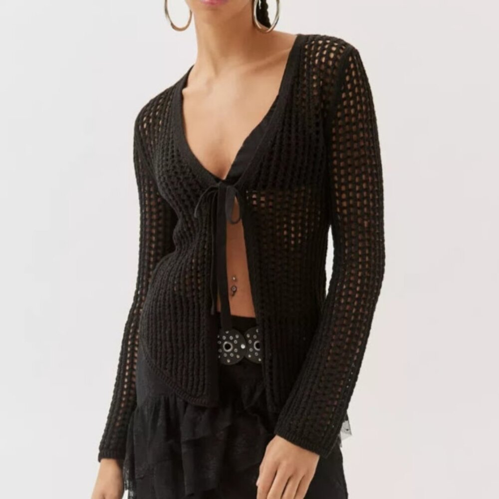 NWT Ecote Joleen Open-Knit Tie-waist Flyaway Cardigan in Black Boho Women's S - Picture 3 of 10